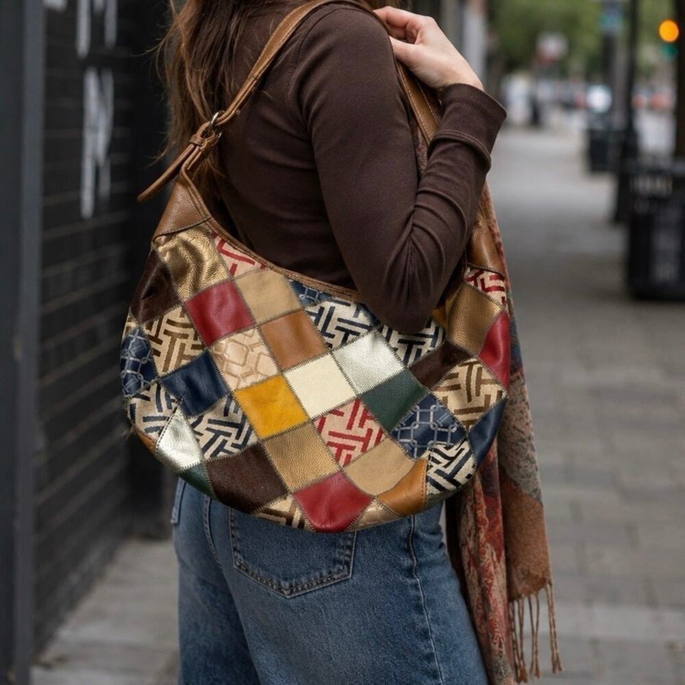 Y2K Tignanello Patchwork Suede Leather Hobo Boho Shoulder Bag Goblincore